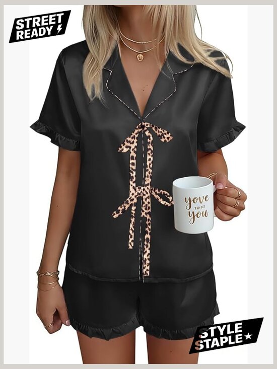 Other - Short Sleeve Bow Tie Pajama Set - Silky Satin Pj Shorts Loungewear